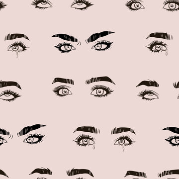 Set of Beautiful female Eyes with long Eyelashes and Brows. Close up emotional fashion look. Hand drawn Vector illustration. Brow bar, beauty salon concept. Square seamless Pattern, background