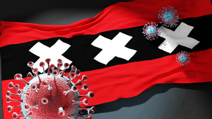 Covid in Amsterdam - coronavirus attacking a city flag of Amsterdam as a symbol of a fight and struggle with the virus pandemic in this city, 3d illustration