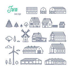 Farm buildings and elements icons set. Various rural houses, greenhouses and wooden buildings. Outline style vector illustration on white background.