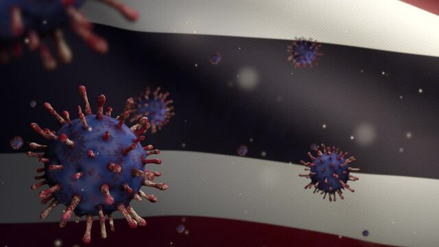 3D, Flu coronavirus floating over Thai flag, a pathogen that attacks the respiratory tract. Thailand banner waving with pandemic of Covid19 virus infection concept. Real fabric texture ensign-Dan