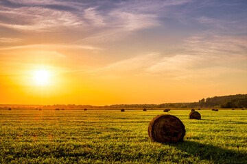 A field with haystacks on a summer or early autumn evening with a cloudy sky in the background....