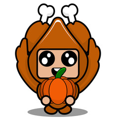 Naklejka premium vector illustration of cute roast chicken meat mascot costume cartoon character holding pumpkin