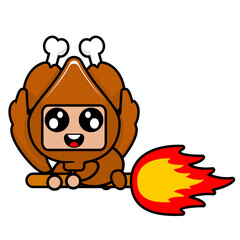 vector illustration of cute roast chicken meat mascot costume cartoon character riding a fire broomstick
