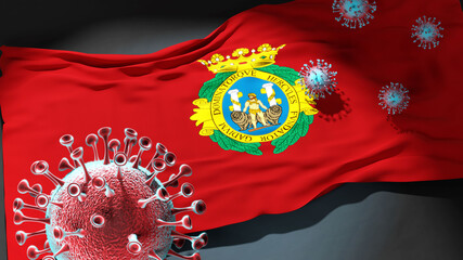 Covid in Cadiz - coronavirus attacking a city flag of Cadiz as a symbol of a fight and struggle with the virus pandemic in this city, 3d illustration