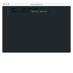 Miranda language Hello World program sample in editor window