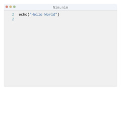 Nim language Hello World program sample in editor window