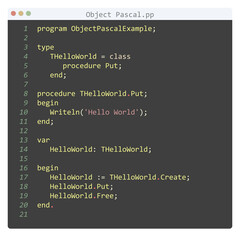 Object Pascal language Hello World program sample in editor window