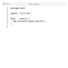 Odin language Hello World program sample in editor window