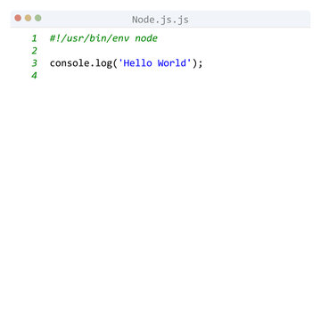 Node.js language Hello World program sample in editor window