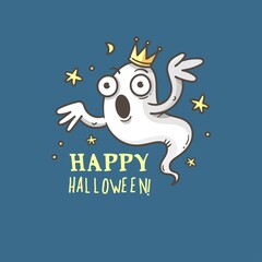 Doodle card with cute cartoon ghost. Fabulous fictional character. Halloween poster. Vector contour image.