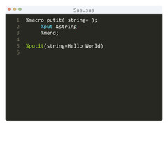 Sas language Hello World program sample in editor window