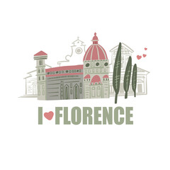 Florence poster with landmarks icons. Cartoon doodle art card for print. Traditional symbols, buildings full color cartoon vector illustration.