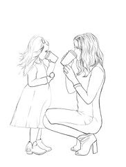 Young mother and little daughter drink from large glasses. The mother sat down next to her daughter. Woman and girl in dresses. Sketch