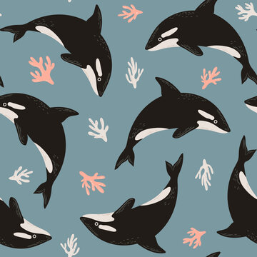 Seamless cute pattern orca or killer whale and corals. Undersea illustration for kids design, fabric, textile