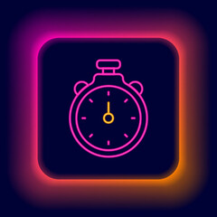 Glowing neon line Stopwatch icon isolated on black background. Time timer sign. Chronometer sign. Colorful outline concept. Vector