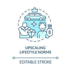 Upscaling lifestyle norms blue concept icon. Envy makes us overspend money. Competitive consumerism abstract idea thin line illustration. Vector isolated outline color drawing. Editable stroke