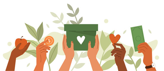 People hands holding donation box and donating money for charity. Volunteers collecting and putting coins in donation box. Charity financial support concept. Flat cartoon vector illustration. - obrazy, fototapety, plakaty