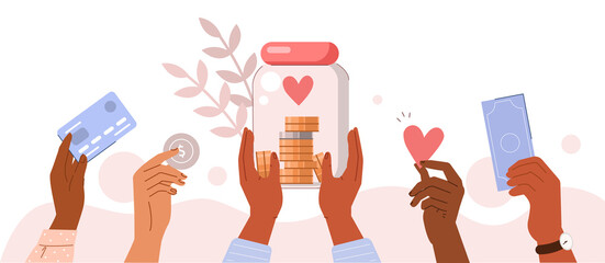 People hands holding donation jar with coins and donating money for charity. Volunteers collecting charitable donations. Charity financial support concept. Flat cartoon vector illustration.
