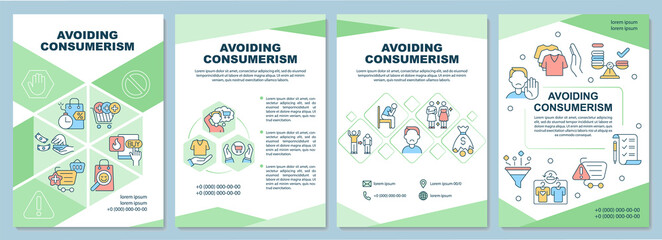 Avoiding consumerism brochure template. Stop excessive consumption. Flyer, booklet, leaflet print, cover design with linear icons. Vector layouts for presentation, annual reports, advertisement pages - obrazy, fototapety, plakaty