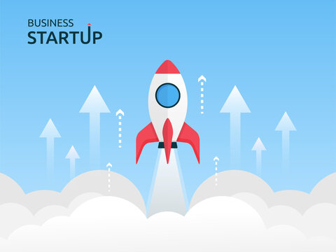 Business startup concept with rocket flight fly in the sky illustration