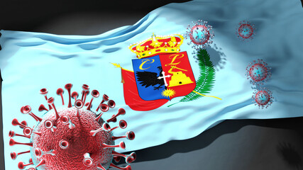 Covid in Cajamarca - coronavirus attacking a city flag of Cajamarca as a symbol of a fight and struggle with the virus pandemic in this city, 3d illustration