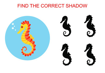 Find the correct shadow. Cartoon style sea horse. Educational game for children.