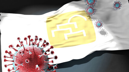 Covid in Cair Municipality North Macedonia - coronavirus attacking a flag of Cair Municipality North Macedonia as a symbol of a fight and struggle with the virus pandemic in this city, 3d illustration