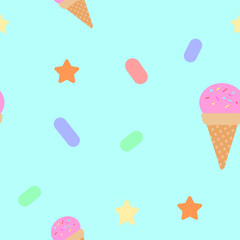 cute light blue seamless pattern with drawings of ice cream, sweets, dessert. children's, sweet seamless background