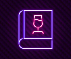 Glowing neon line Book about wine icon isolated on black background. Wine glass icon. Wineglass sign. Colorful outline concept. Vector