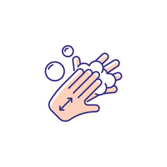 Lathering back of hands RGB color icon. Rubbing hands together with soap. Proper handwashing step. Covering palms with lather. Removing germs. Isolated vector illustration. Simple filled line drawing