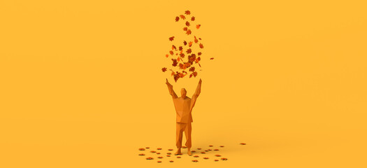 Man playing with dry leaves by throwing them in the air. Copy space. 3D illustration.