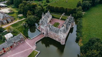 Aerial view of the castle located in La forêt (forest) of Brocéliande, in Brittany, France