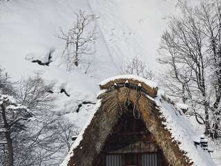 雪の斜面と雪の合掌屋根
