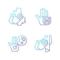 Infection prevention gradient linear vector icons set. Wiping off dirt, germs. Dry hands with towel. Microbes protection. Thin line contour symbols bundle. Isolated outline illustrations collection