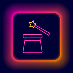 Glowing neon line Magic hat and wand icon isolated on black background. Magic trick. Mystery entertainment concept. Colorful outline concept. Vector