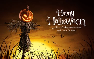 Poster Vector illustration of Halloween pumpkin scarecrow on a wide field with the moon on a scary night © wirakorn