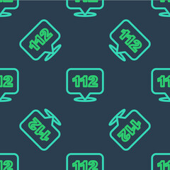 Line Telephone with emergency call 112 icon isolated seamless pattern on blue background. Police, ambulance, fire department, call, phone. Vector