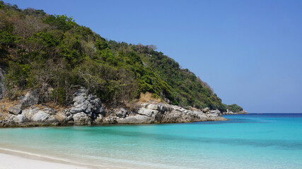 Beautiful blue sea and clear beach landscape of the sunny day with bright sky Racha Island