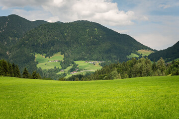 Alpine green landscape in summer on a cloudy day, Brandenberg, Tyrol, Austria