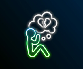 Glowing neon line Broken heart or divorce icon isolated on black background. Love symbol. Valentines day. Colorful outline concept. Vector