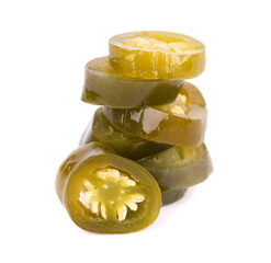 Pickled jalapeno pepper isolated on white background. Slices of preserved hot serrano.