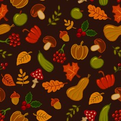 Seamless background with autumn leaves, mushrooms, fruits, pampkins, berries, apples. Digital art. 2021.