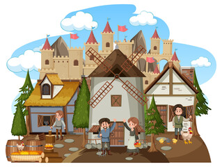Obraz na płótnie Canvas Medieval village with windmill and villagers