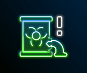 Glowing neon line Radioactive waste in barrel icon isolated on black background. Barrel with radioactive and toxic substance is spilled. Colorful outline concept. Vector