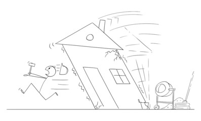 Construction Worker or Builder Running From Collapsing House, Vector Cartoon Stick Figure Illustration