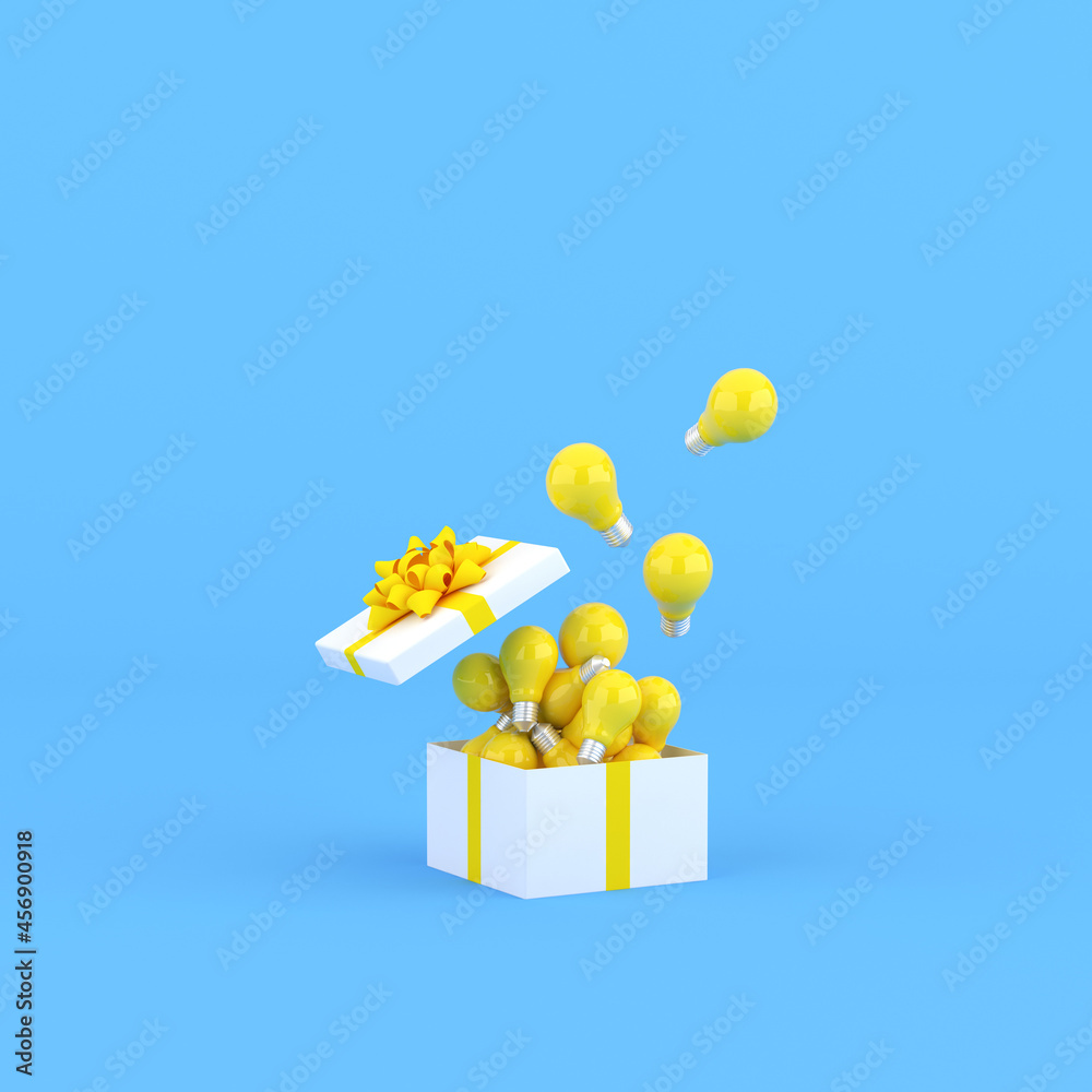 Aufkleber mock up of light bulbs in a open gift box on blue background. 3d rendering.