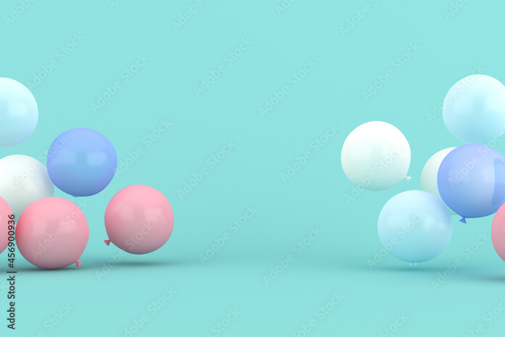 Poster Floating balloons on green background. 3d rendering.