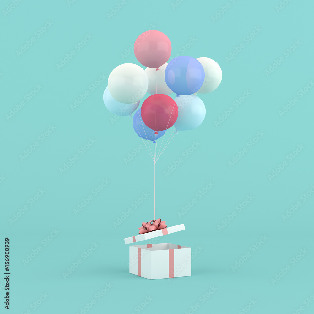 Poster 3d rendering of round gift box and balloons. minimal concept.