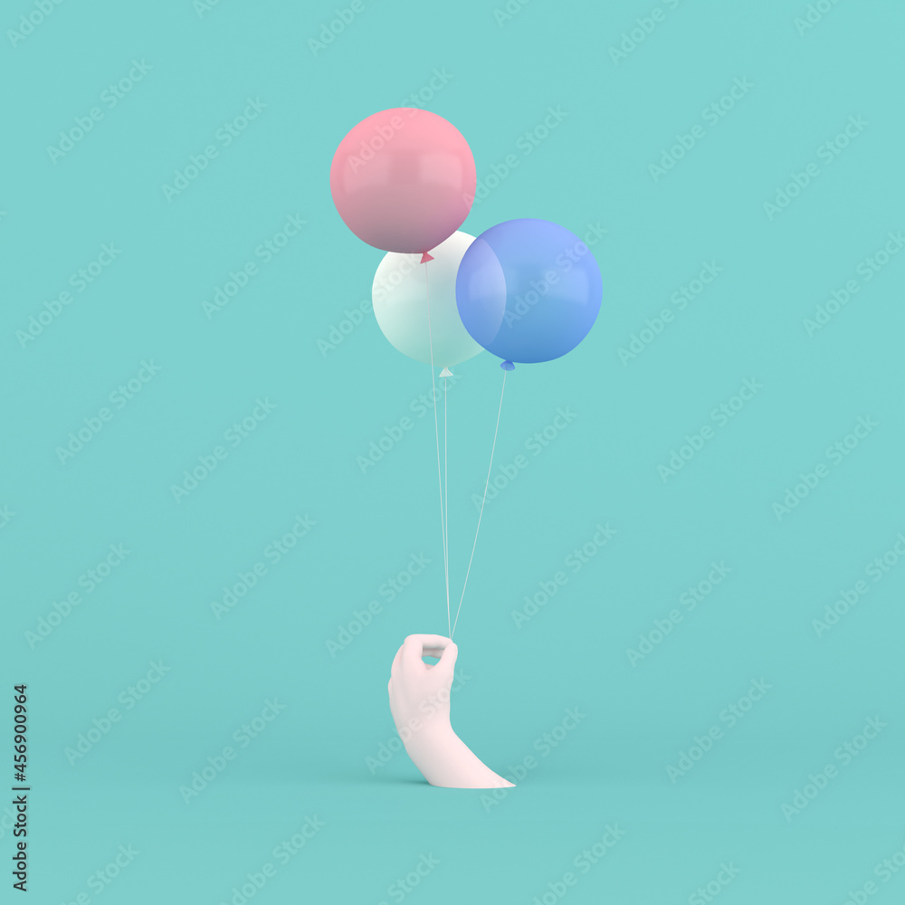 Poster 3d rendering of white hand is holding colorful balloons.