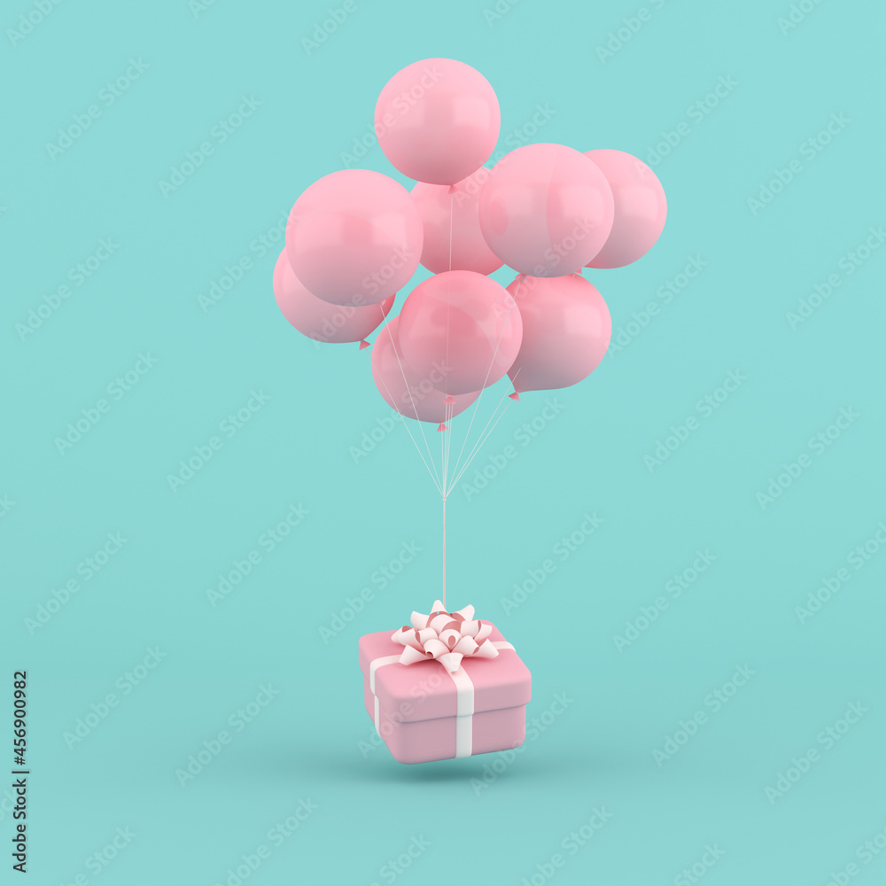Poster 3d rendering of round gift box and balloons. minimal concept.